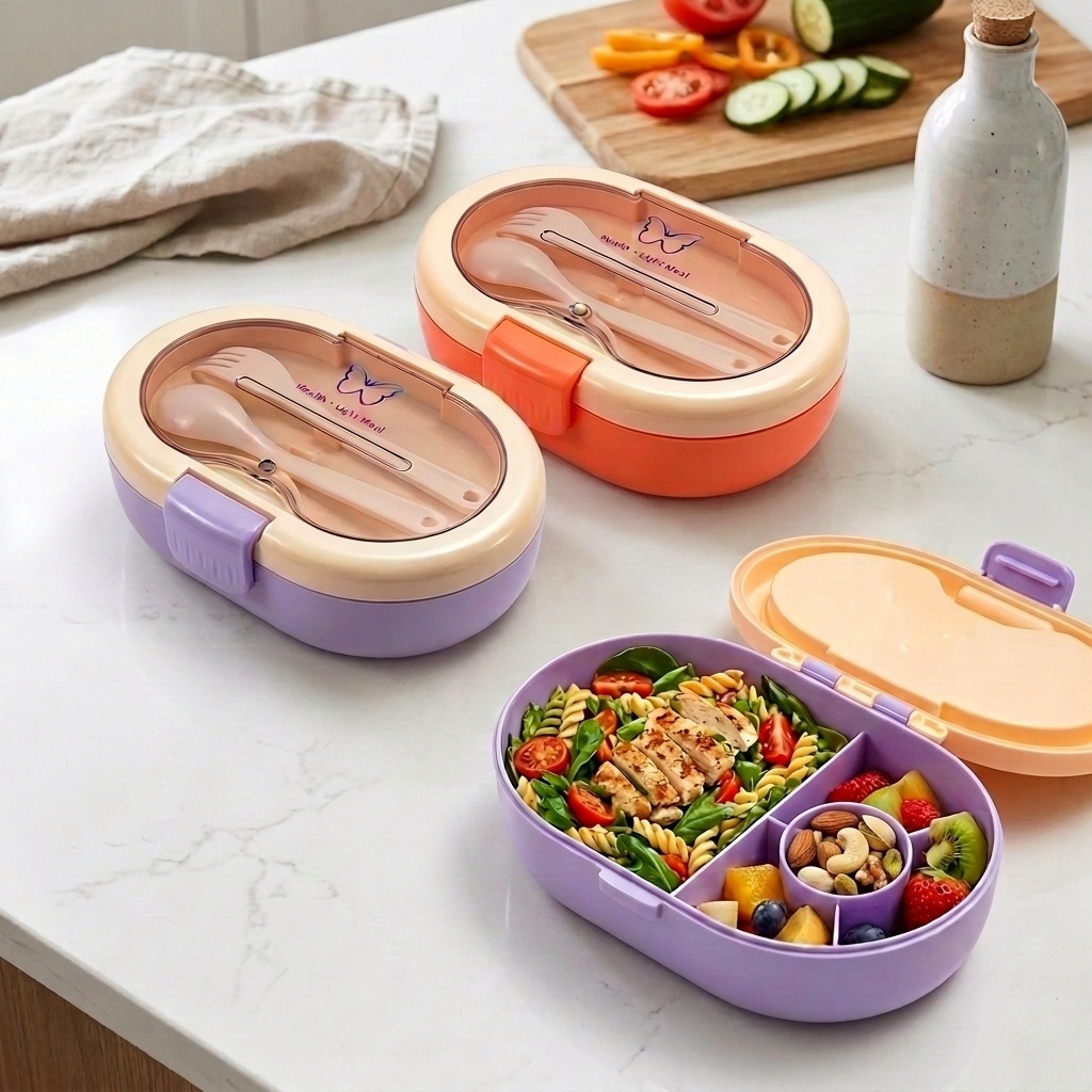 Meal Prep Or Prep Meal - Auslaufsichere Plastik-Bento-Lunchbox mit Besteck, geteilte Behälter